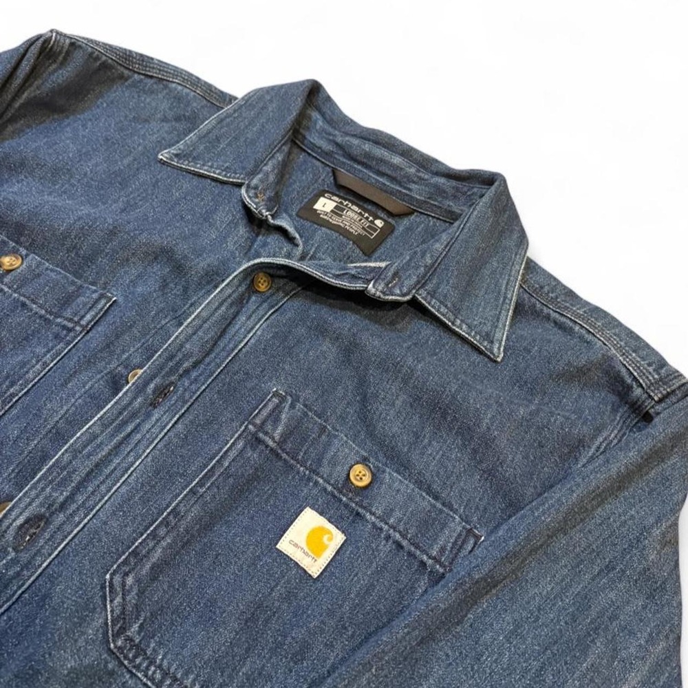 Carhartt Mens Loose Fit Dark Wash Denim Button Up Shirt Blue Large